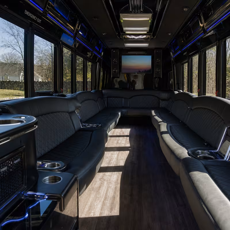Passenger watching the Cleveland scenery during a regional party bus road trip