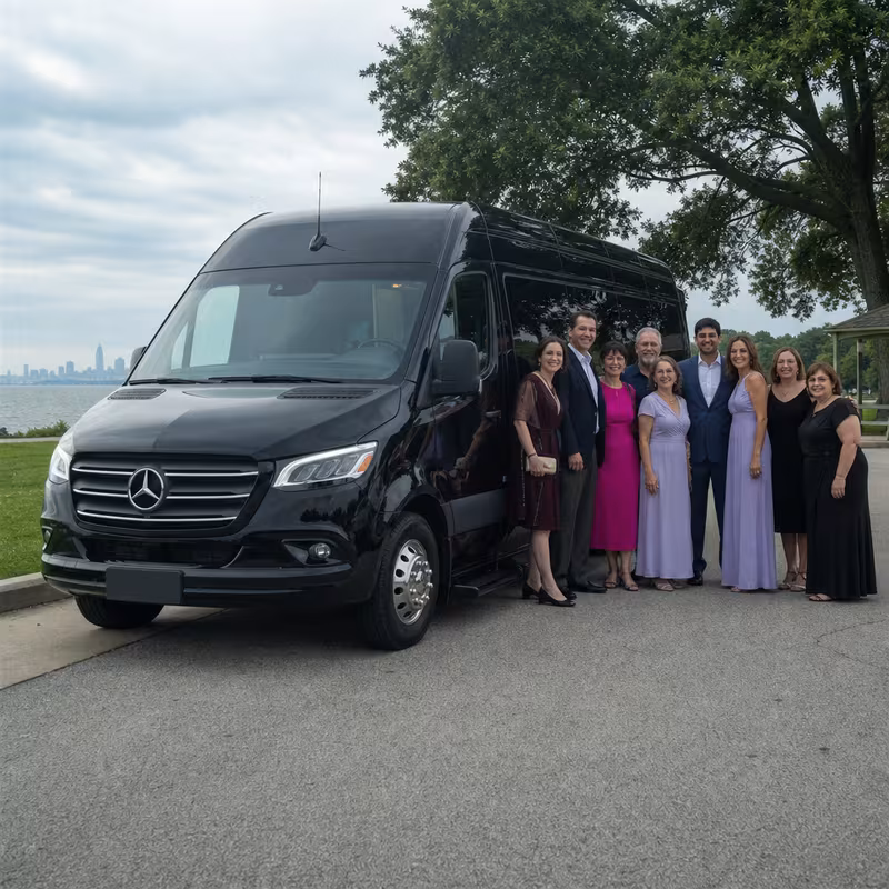 Group beside a Mercedes Sprinter limo from the Cleveland fleet