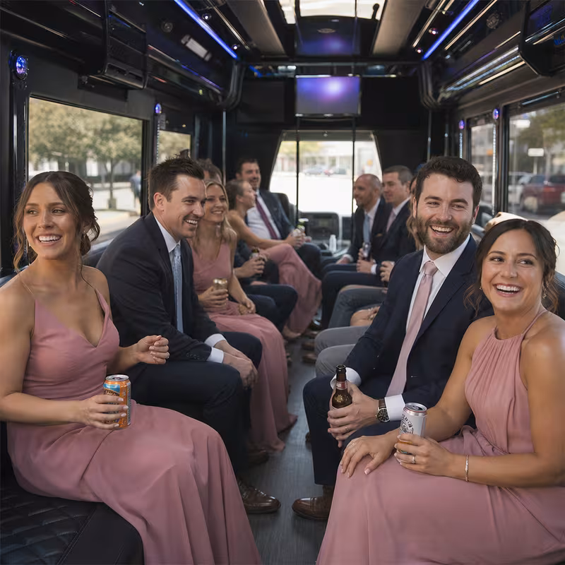 Wedding guests seated inside a Cleveland party bus