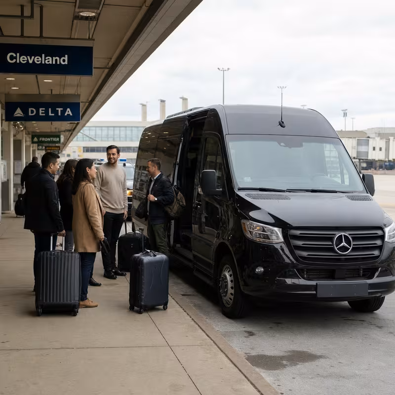Group boarding a white charter bus for Airport Transportation transportation in Cleveland