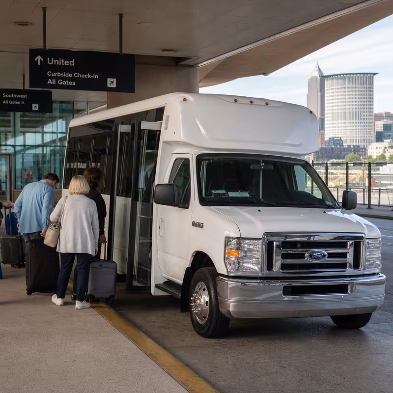 Black Mercedes Sprinter van staged for an Cleveland Airport Transportation group