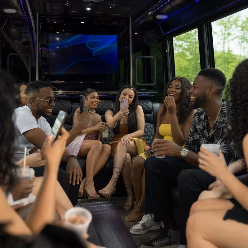 Black Mercedes Sprinter van staged for an Cleveland Birthday Transportation group