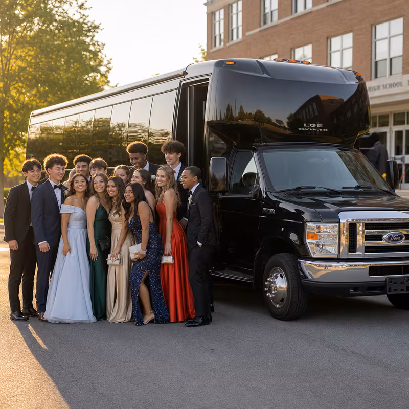 Group boarding a white charter bus for Prom & Homecoming Transportation transportation in Cleveland