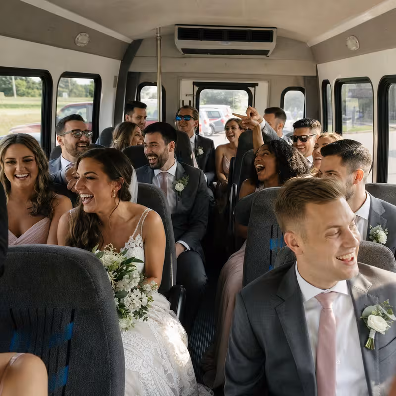 Group boarding a white charter bus for Wedding Transportation transportation in Cleveland