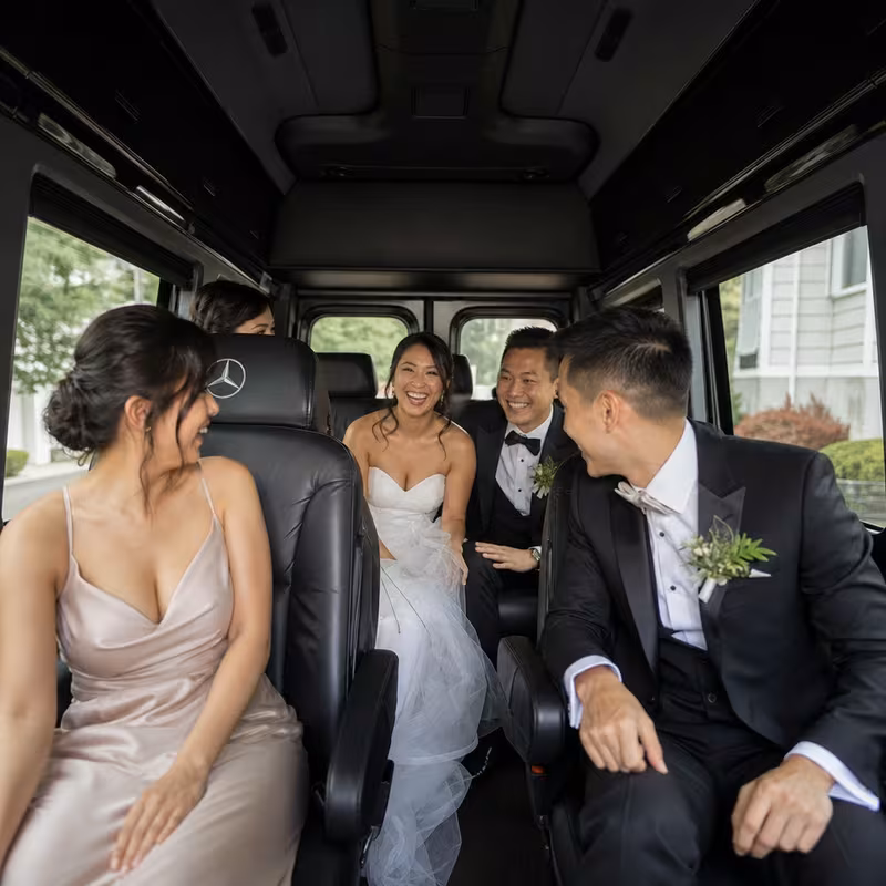 Black Mercedes Sprinter van staged for an Cleveland Wedding Transportation group